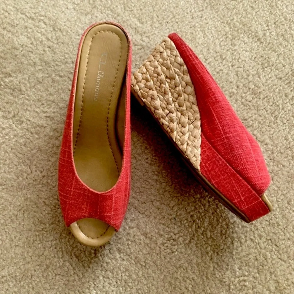 Chinese Laundry Orange Linen Peep Toe Straw Wedge Sandals Size 8.5